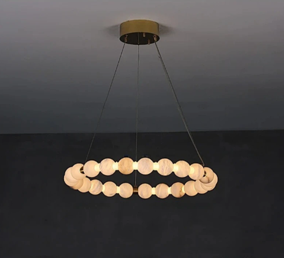 Alabaster Bead Ring Chandelier 24 Inch (60cm) – Organic Modern Orb Halo Pendant Light Brushed Gold | LINKORI AURELIA
