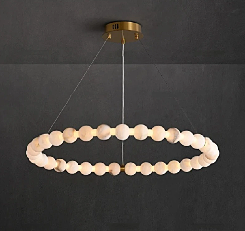 Alabaster Bead Ring Chandelier 31 Inch (80cm) – Sculptural Stone Orb Halo Pendant Light Brushed Gold | LINKORI AURELIA