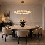 Organic modern alabaster chandelier with warm honey glow in elegant cream dining room with arched doorway and wainscoting paneling – LINKORI AURELIA