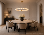 Alabaster bead ring chandelier over round marble dining table in quiet luxury French modern dining room – LINKORI AURELIA brushed gold halo pendant light