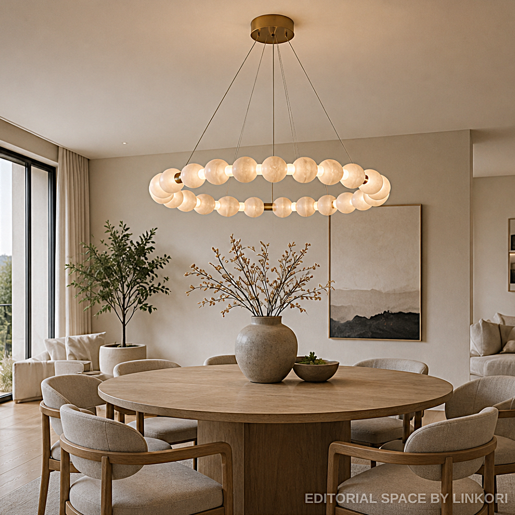 Alabaster orb ring chandelier for open-plan dining room with floor-to-ceiling windows – LINKORI AURELIA organic modern brushed gold pendant light