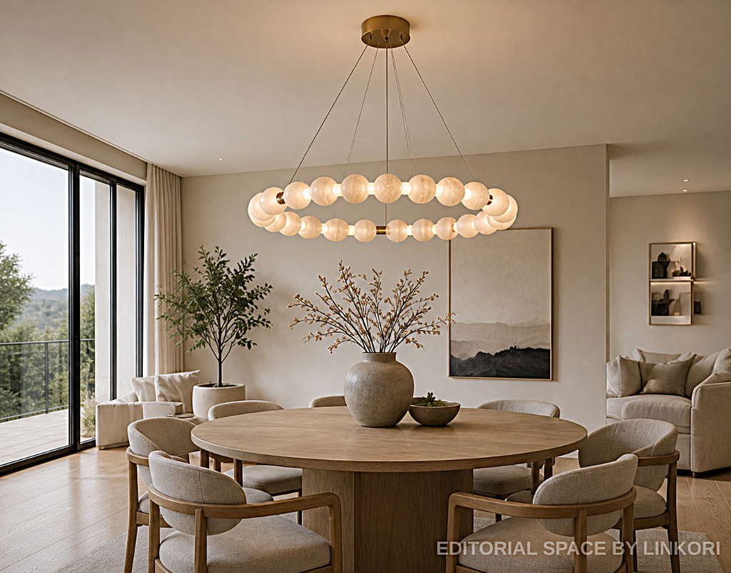 Natural stone bead halo chandelier over round wood dining table in Japandi organic modern living space – LINKORI AURELIA luxury dining room lighting