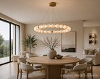 Natural stone bead halo chandelier over round wood dining table in Japandi organic modern living space – LINKORI AURELIA luxury dining room lighting