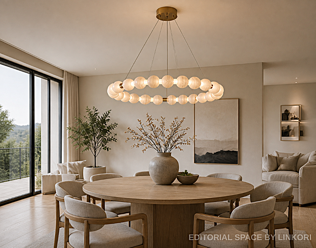 Natural stone bead halo chandelier over round wood dining table in Japandi organic modern living space – LINKORI AURELIA luxury dining room lighting