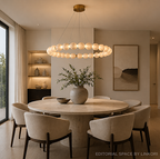 Alabaster bead chandelier over large round marble dining table in organic modern luxury dining room – LINKORI AURELIA sculptural ring pendant light