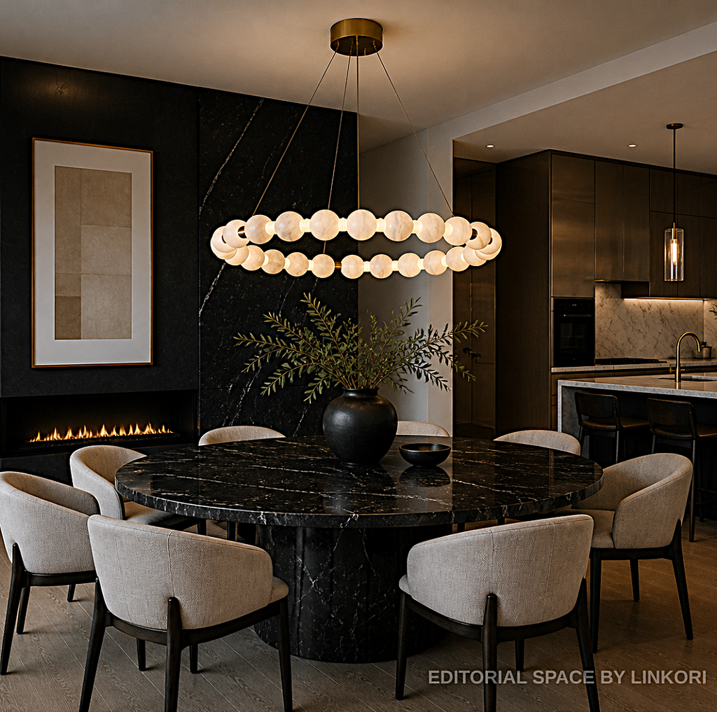 Luxury alabaster bead halo chandelier in dark contemporary dining room with black stone accent wall and kitchen – LINKORI AURELIA dramatic pendant lighting