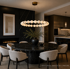 Luxury alabaster bead halo chandelier in dark contemporary dining room with black stone accent wall and kitchen – LINKORI AURELIA dramatic pendant lighting