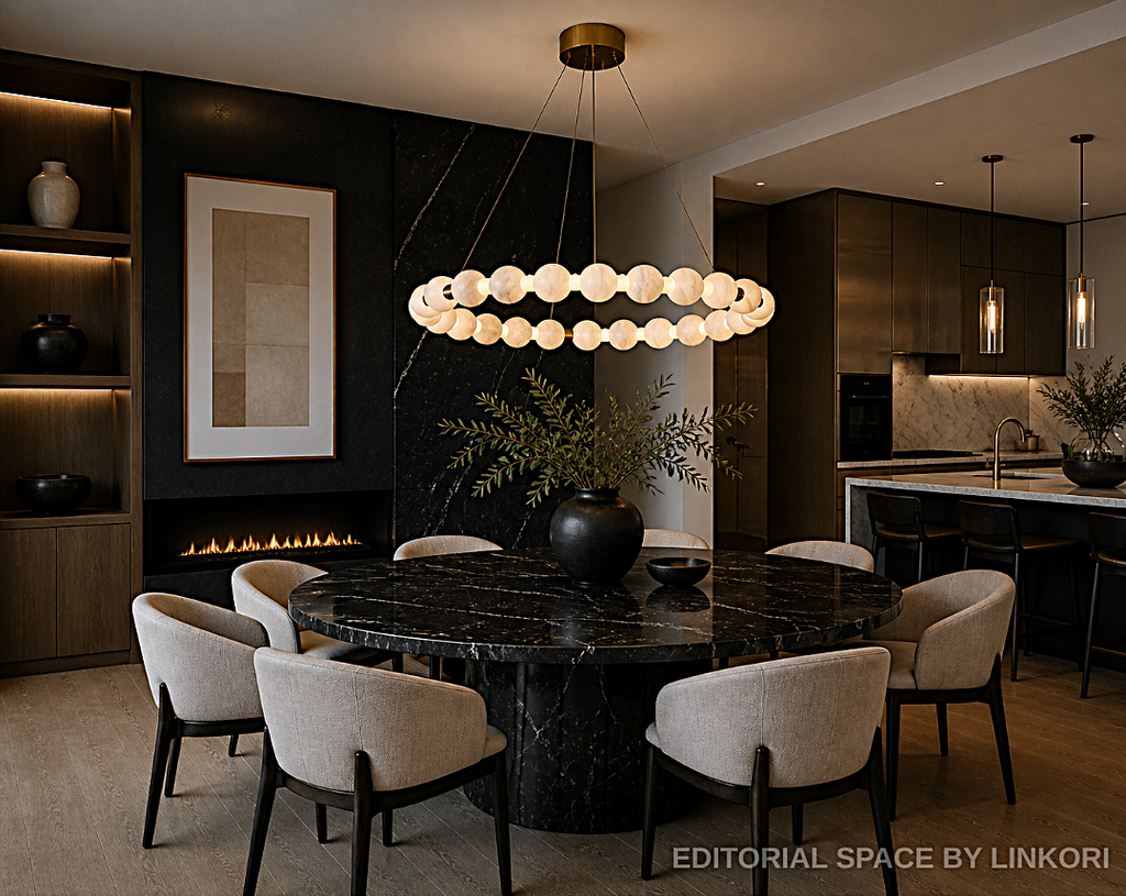Alabaster orb ring chandelier over black marble dining table in moody modern luxury dining room with fireplace – LINKORI AURELIA statement chandelier