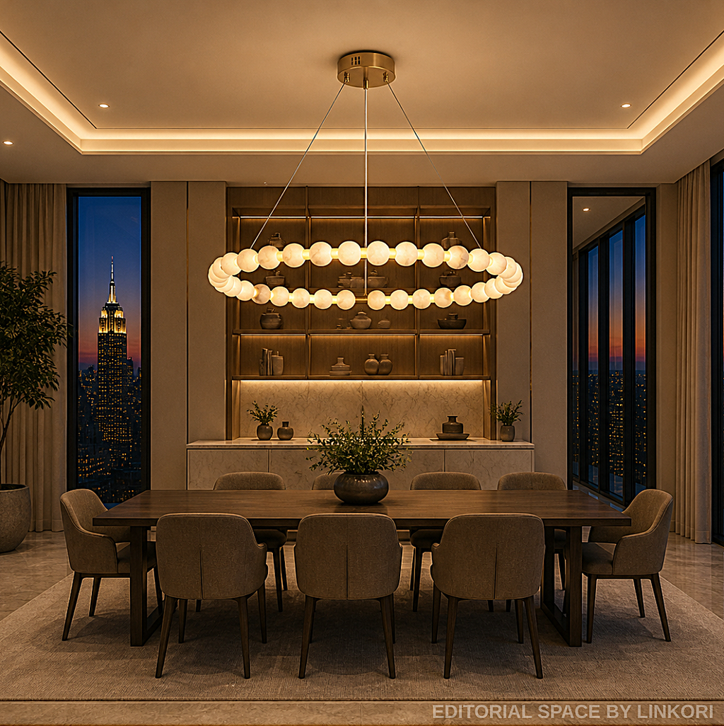 Alabaster bead ring chandelier in New York penthouse dining room with city skyline view – LINKORI AURELIA luxury oval halo pendant light for large dining table
