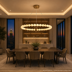 Alabaster bead ring chandelier in New York penthouse dining room with city skyline view – LINKORI AURELIA luxury oval halo pendant light for large dining table