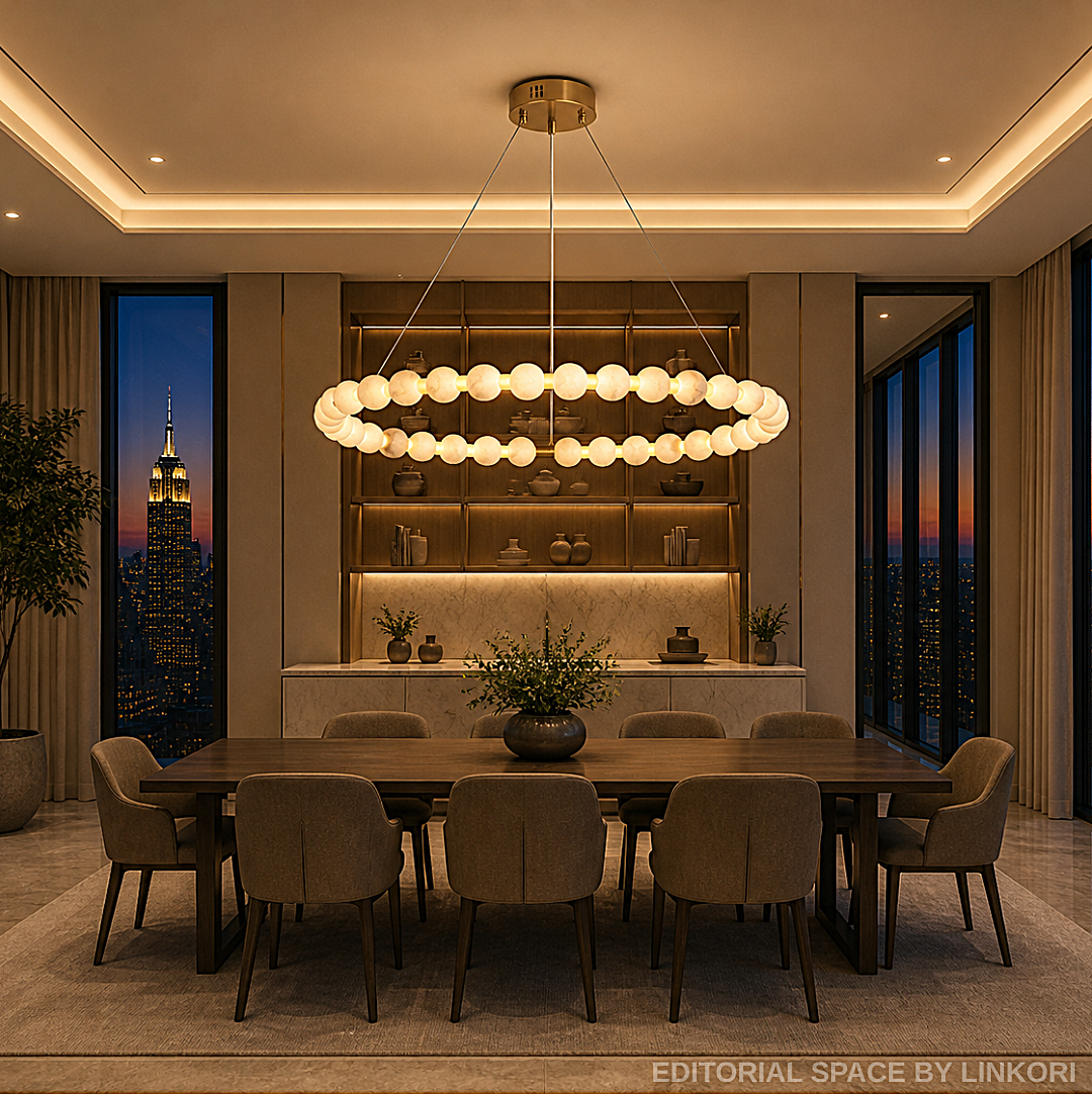 Alabaster bead ring chandelier in New York penthouse dining room with city skyline view – LINKORI AURELIA luxury oval halo pendant light for large dining table