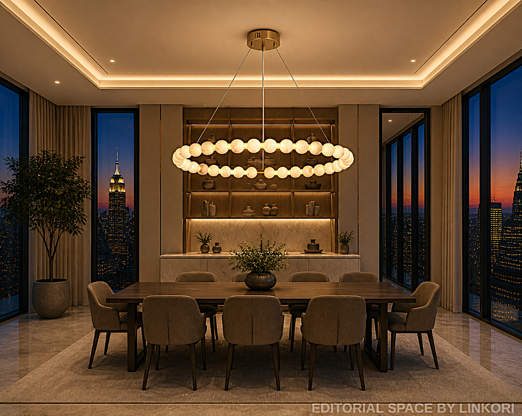 Large alabaster chandelier over 10-seat dining table in high-rise penthouse with floor-to-ceiling city views – LINKORI AURELIA modern luxury dining room lighting