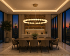Large alabaster chandelier over 10-seat dining table in high-rise penthouse with floor-to-ceiling city views – LINKORI AURELIA modern luxury dining room lighting