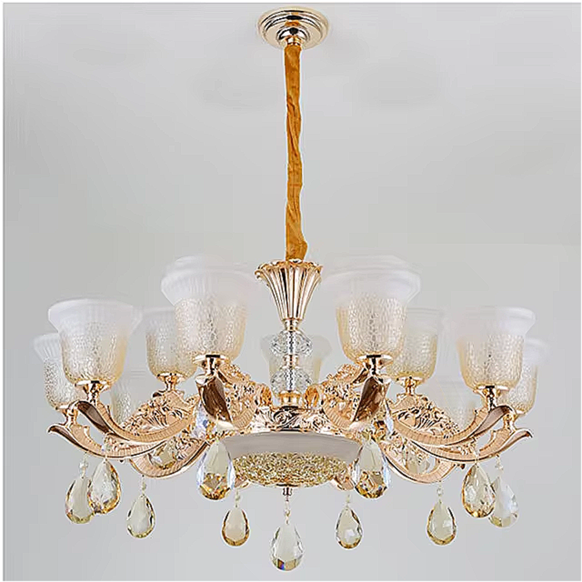 Luxury Vintage Crystal Chandelier – 15-Light Glass Pendant with Etched Shades for Dining Room & Lounge