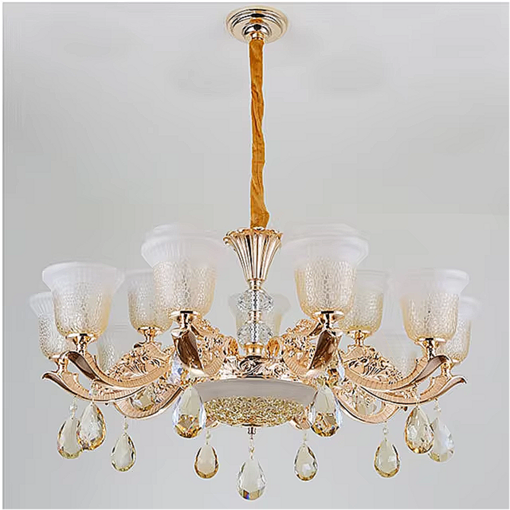 Luxury Vintage Crystal Chandelier – 15-Light Glass Pendant with Etched Shades for Dining Room & Lounge 