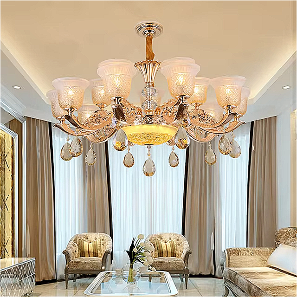 Luxury Vintage Crystal Chandelier – 15-Light Glass Pendant with Etched Shades for Luxury Living Room & Lounge 