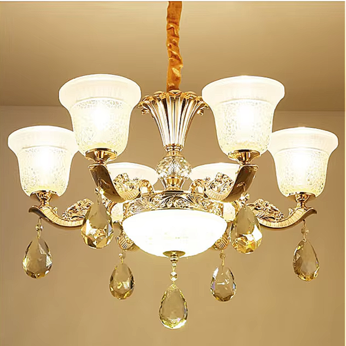 Antique gold vintage crystal chandelier with etched glass shades, dining room interior view — LINKORI TULLIPH
