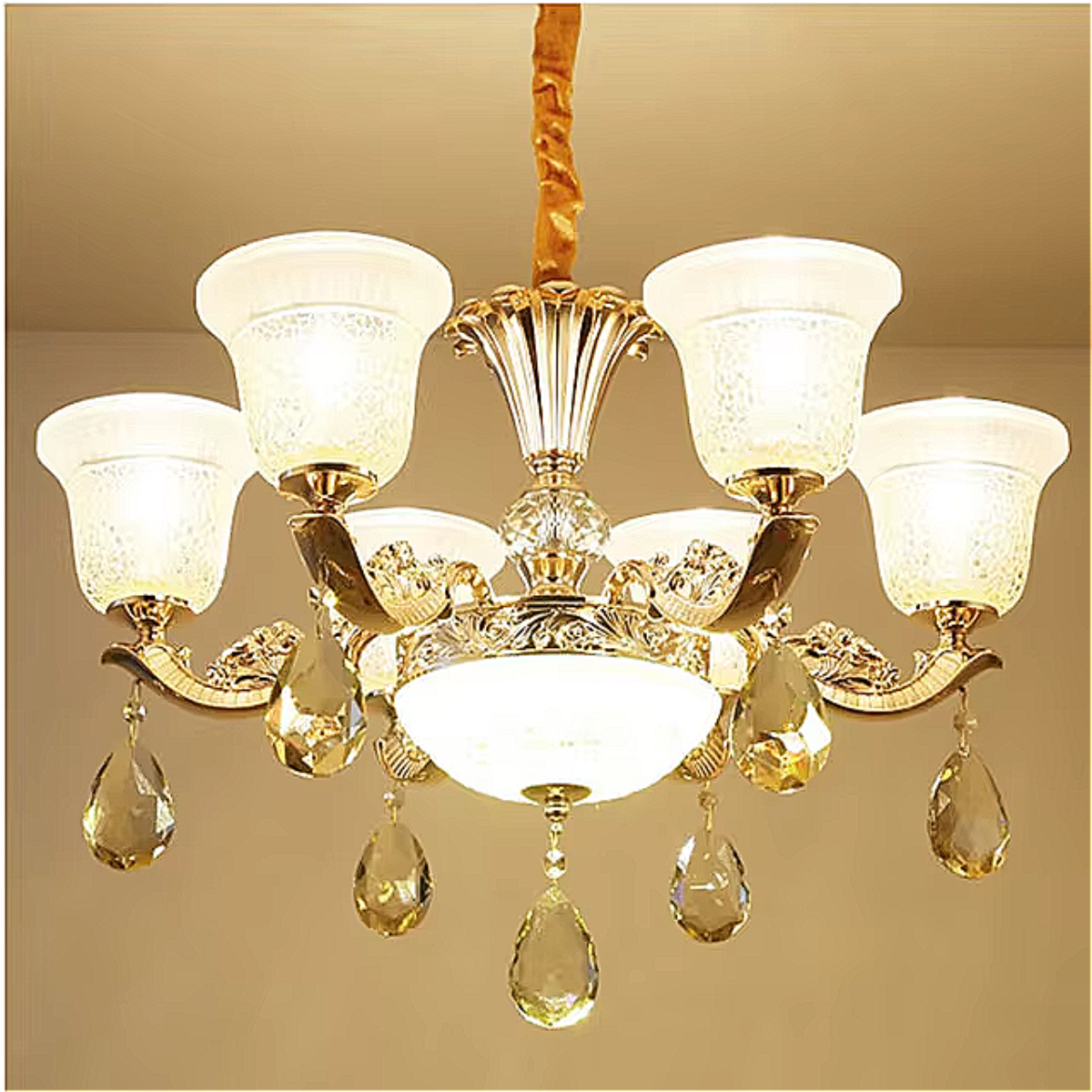 Luxury Vintage Crystal Chandelier – 8-Light Glass Pendant with Etched Shades for Classic Interiors