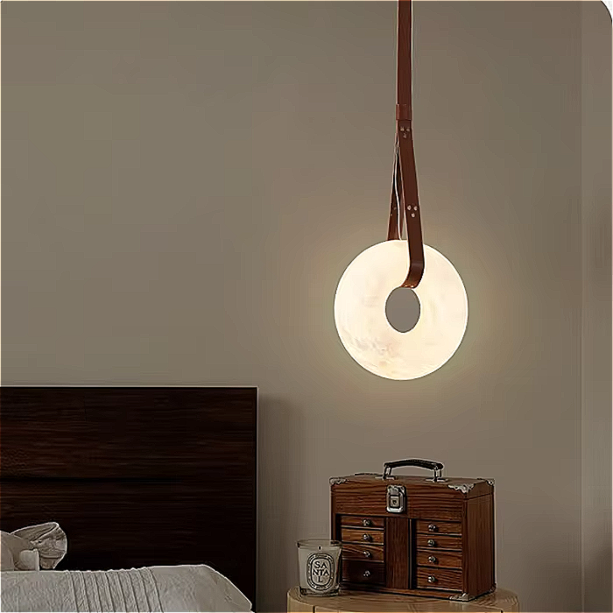 Contemporary Bedroom Lighting – Marble Ring Pendant with Sculptural Shape and Leather Detailing