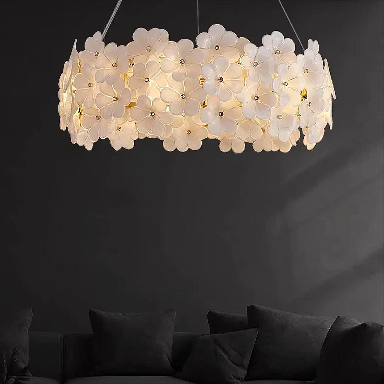 White floral glass chandelier with sculptural petals and soft gold frame – artistic statement pendant for bedroom and dining room | BLOSSORA.S by LINKORI
