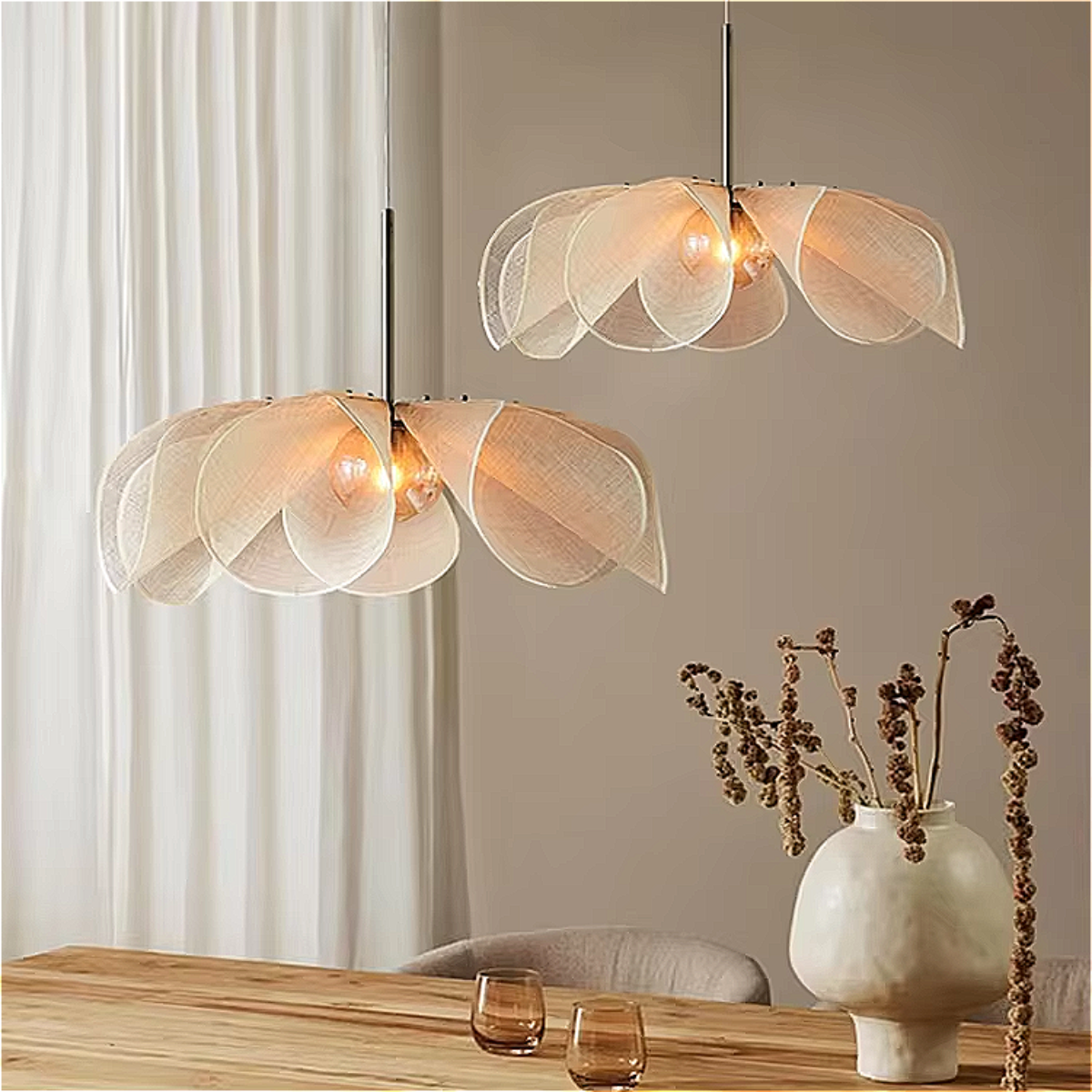 Pair of PETALIQ lotus chandeliers in natural hemp – Japandi pendant lights with organic petal-inspired design | LINKORI PETALIQ Embrace