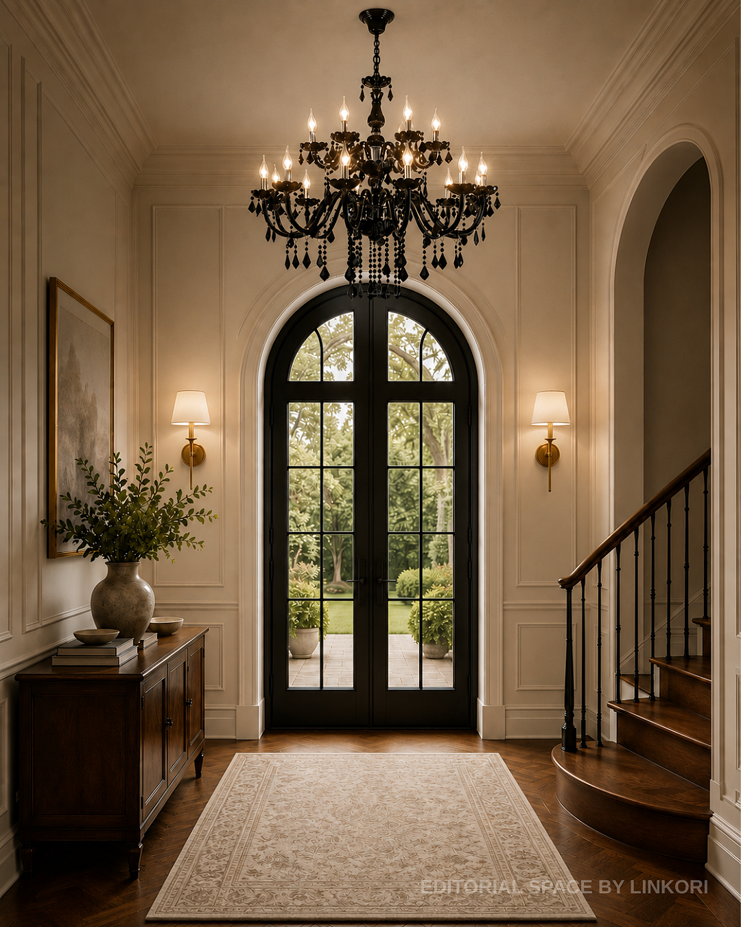 Black crystal entryway chandelier with candle-style bulbs in a traditional foyer with staircase and arched doors