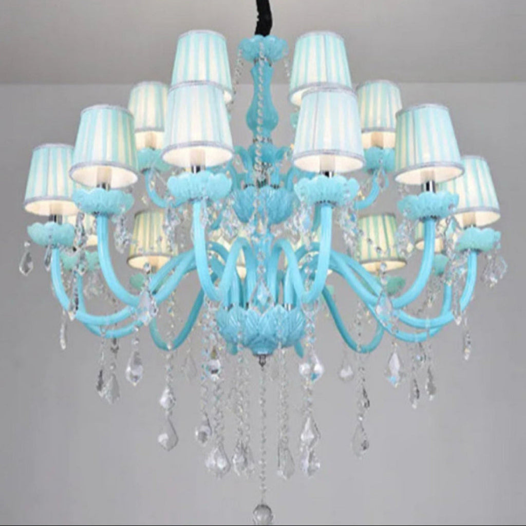 designer blue G chandelier with fabric shades and clear crystal drops, castlecore vintage elegance