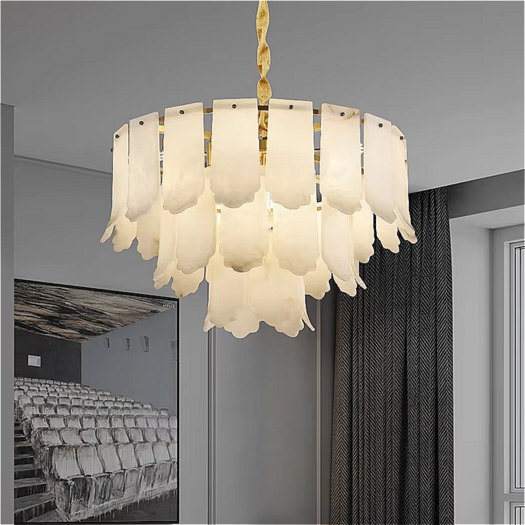 sculptural alabaster leaf chandelier – luxury designer pendant light for dining room and foyer interiors | LINKORI LEAFTERA