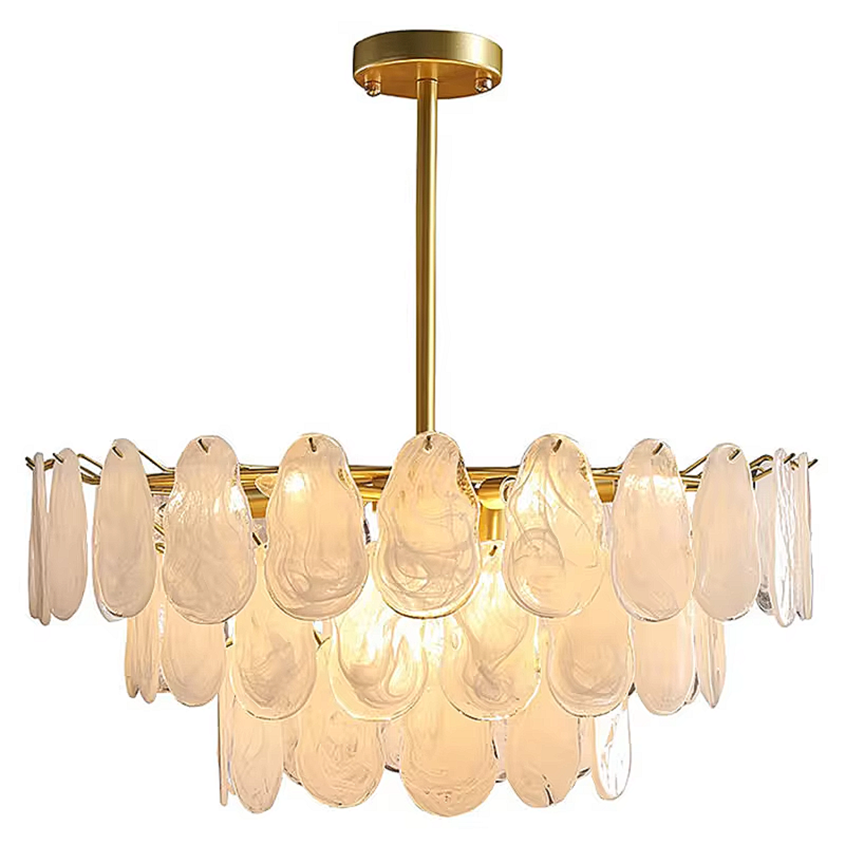 Oversized statement lighting fixture with opaline glass elements creating ambient glow in modern bedroom interior - luxury pendant chandelier for living spaces