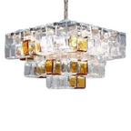 Vintage amber & clear glass cube chandelier — geometric statement ceiling pendant with adjustable chain, silver hardware, CRI 95 warm glow | LINKORI CUBLIQUE angle view