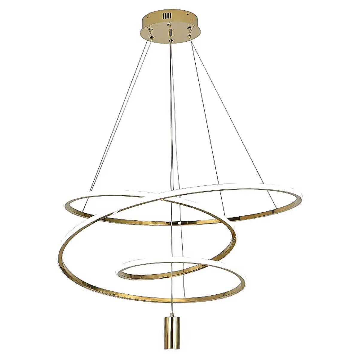 Close-up of gold 3-ring LED chandelier — triple ring adjustable pendant, dimmable warm white, brushed gold finish | LINKORI BLANGCHI product detail