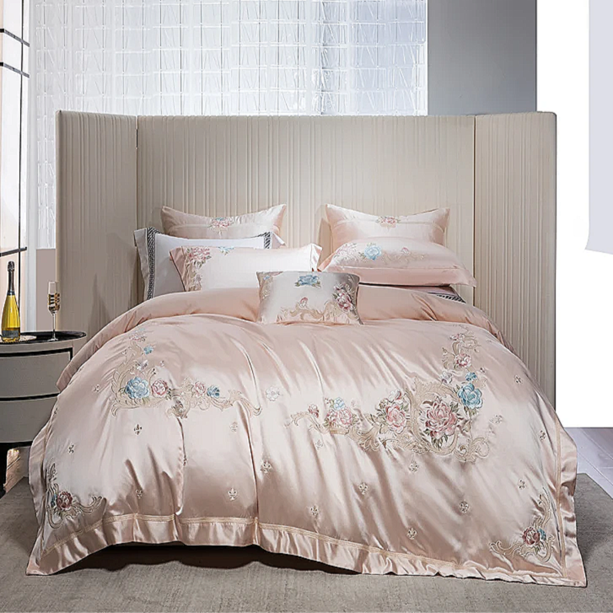 Romantic pink satin cotton duvet cover set with delicate floral embroidery for dreamy bedroom decor