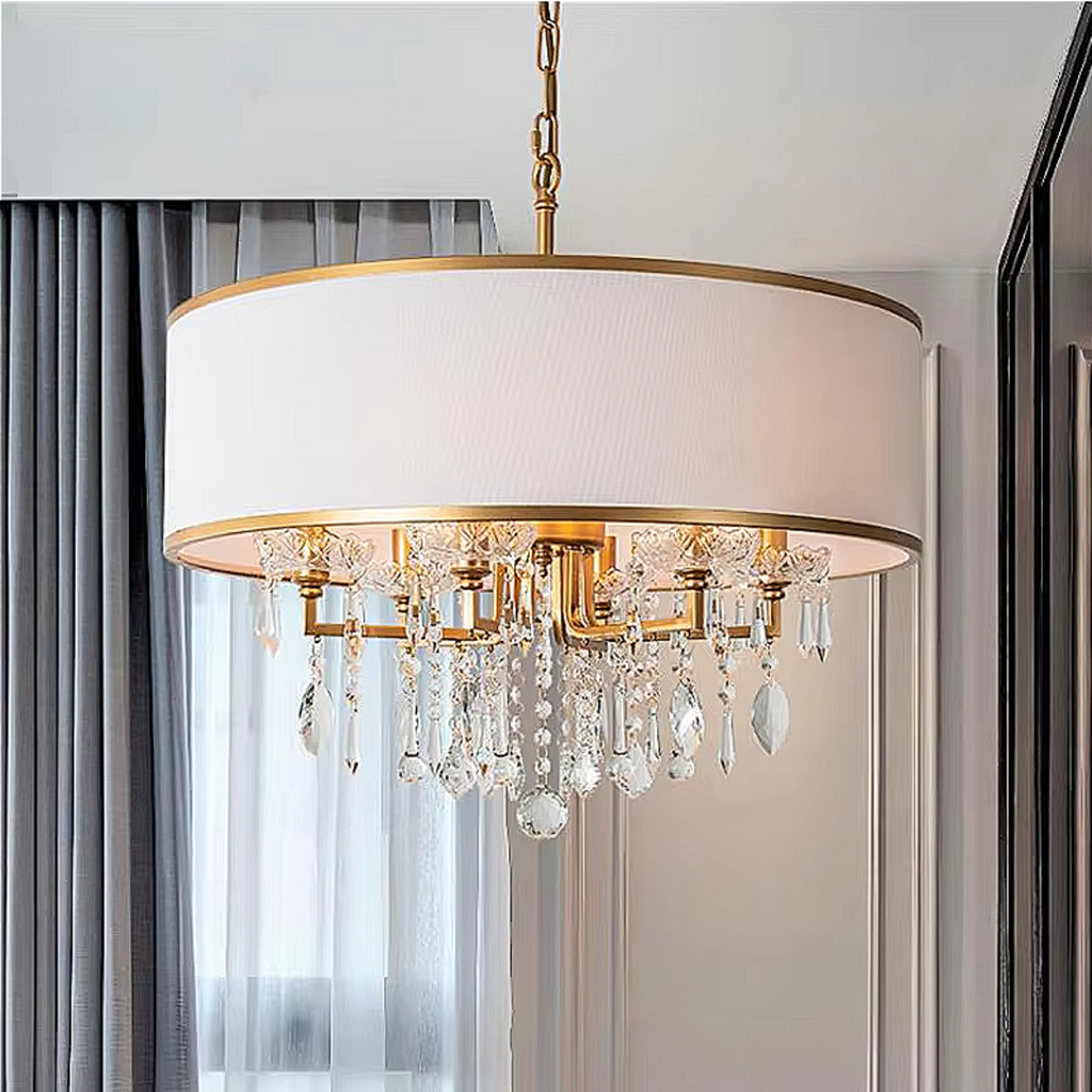 Modern gold drum chandelier with sparkling crystals and fabric shade, luxury pendant light for dining rooms LINKORI SELLOQ