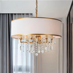 Modern gold drum chandelier with sparkling crystals and fabric shade, luxury pendant light for dining rooms LINKORI SELLOQ