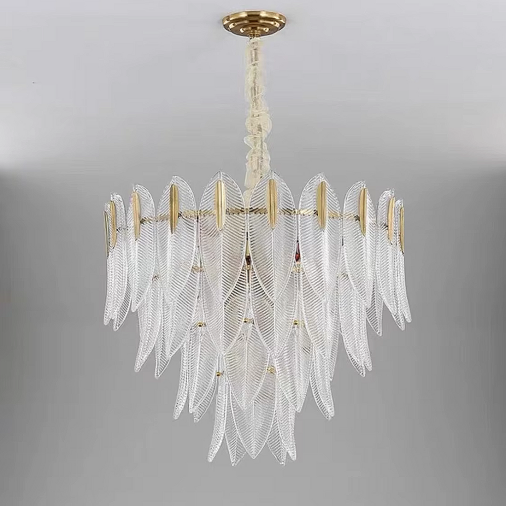 4-tier crystal chandelier with glass feather leaves, luxury statement pendant for contemporary kitchen island lighting – LINKORI GLEATERA