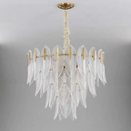 4-tier crystal chandelier with glass feather leaves, luxury statement pendant for contemporary kitchen island lighting – LINKORI GLEATERA