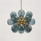LINKORI FLOBUB chandelier in blue – artistic bubble glass pendant with 18 lights glowing in soft blue tone