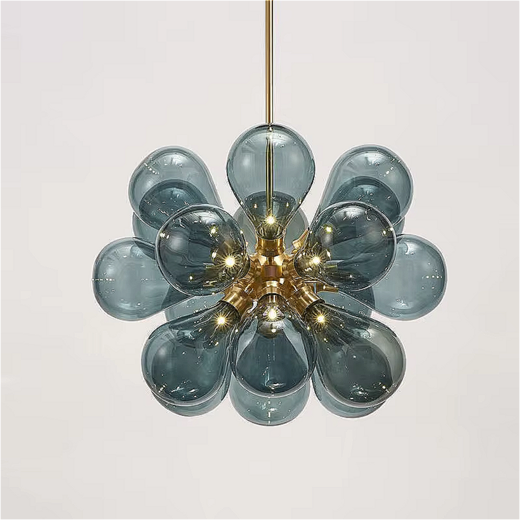 LINKORI FLOBUB chandelier in blue – artistic bubble glass pendant with 18 lights glowing in soft blue tone