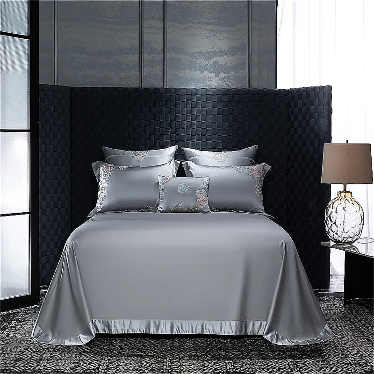 Elegant grey floral embroidered comforter cover set - premium cotton satin bedding for romantic bedrooms