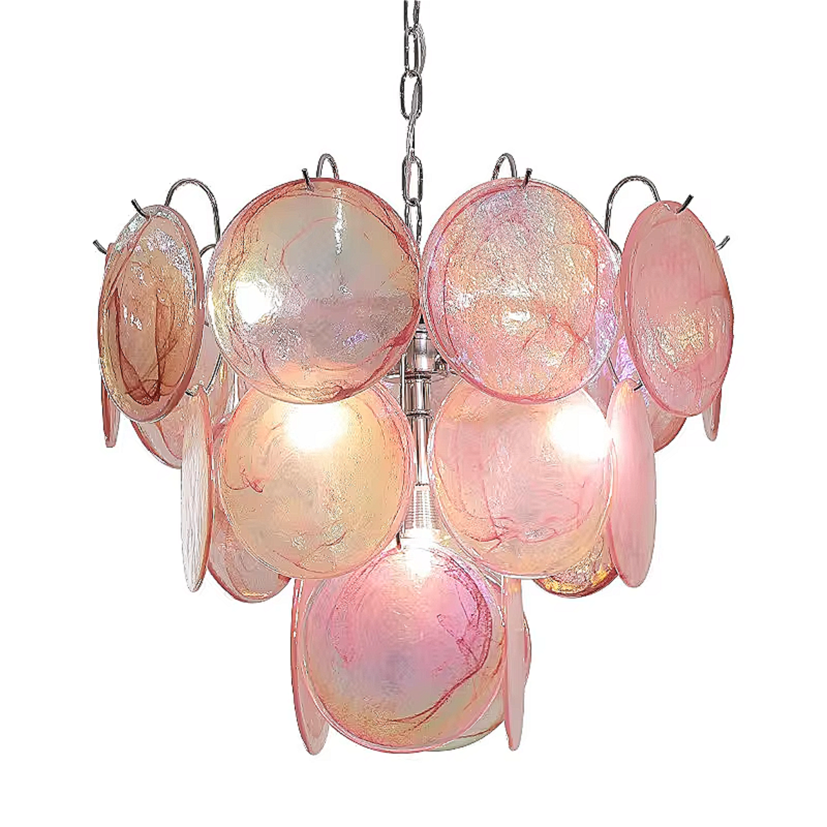 Blush Pink Murano-Inspired Chandelier with Floating Iridescent Glass Discs for Elegant Dining Rooms | LINKORI REODIOL