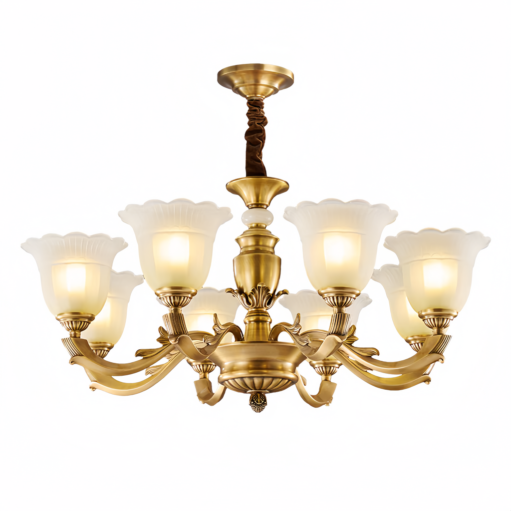 vintage gold chandelier with frosted tulip glass shades, classic LED for dining room  – LINKORI CLASSIC EMBRACE S.