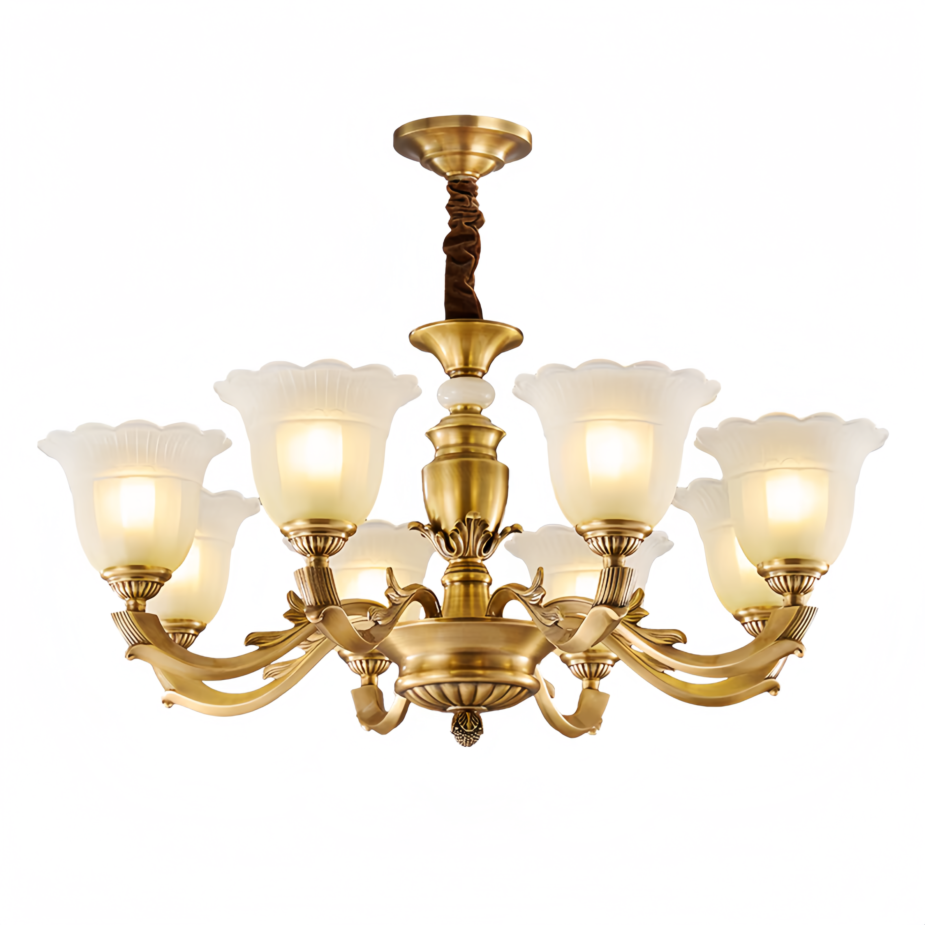 vintage gold chandelier with frosted tulip glass shades, classic LED for dining room  – LINKORI CLASSIC EMBRACE S.