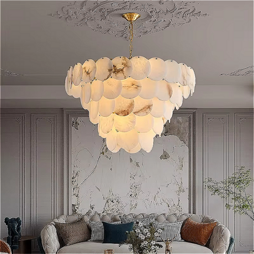 5-tier alabaster disc chandelier for quiet luxury interiors, modern gold natural stone lighting for refined living rooms and foyers | LINKORI RODDLE