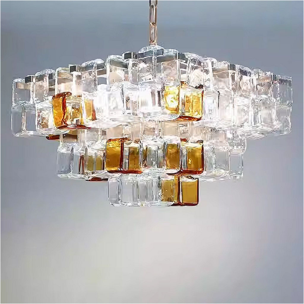 Amber & clear glass cube chandelier in modern white interior — geometric statement lighting for minimalist dining rooms, foyers & living rooms | LINKORI CUBLIQUE installed view