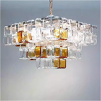Amber & clear glass cube chandelier in modern white interior — geometric statement lighting for minimalist dining rooms, foyers & living rooms | LINKORI CUBLIQUE installed view