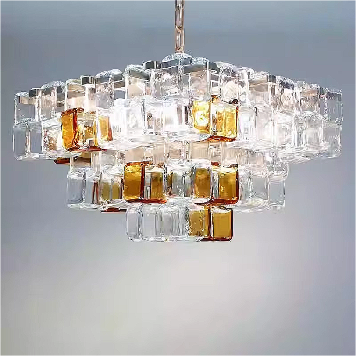 Amber & clear glass cube chandelier in modern white interior — geometric statement lighting for minimalist dining rooms, foyers & living rooms | LINKORI CUBLIQUE installed view