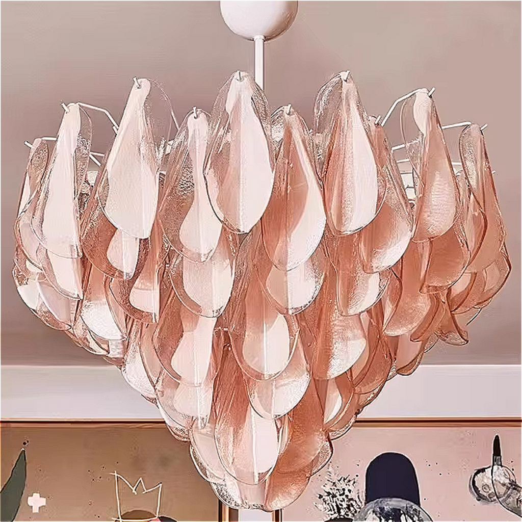 Artistic Murano glass chandelier in blush pink — hand-blown sculptural pendant lighting for luxury interiors and gallery-inspired foyers.