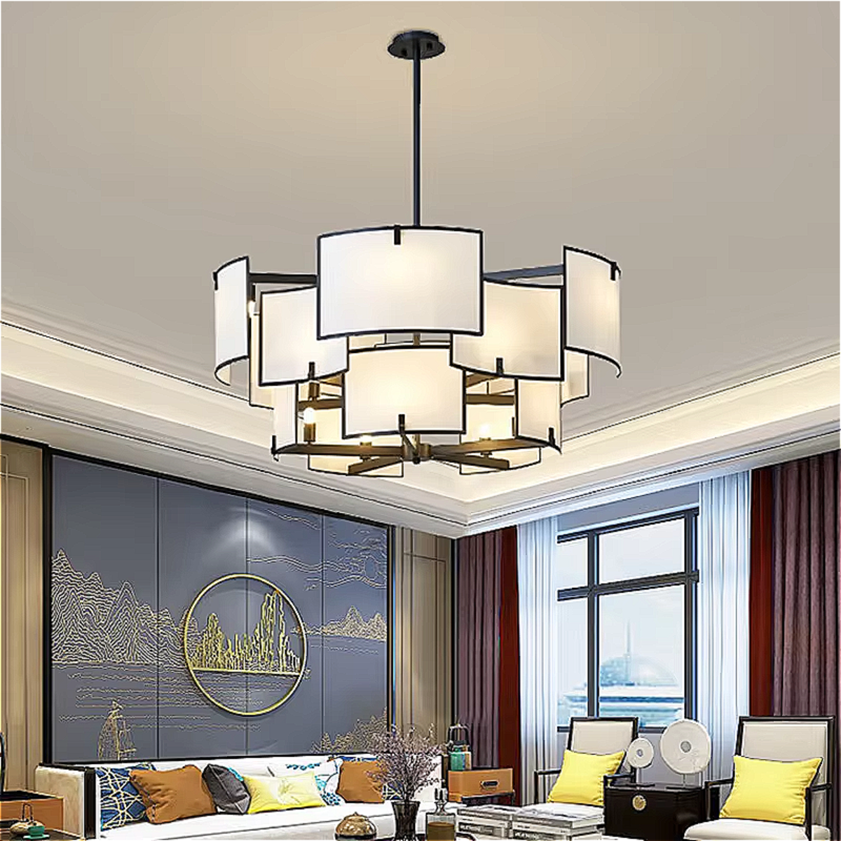 japandi modern organic chandelier, layered fabric shades, hotel lobby & living space ceiling light