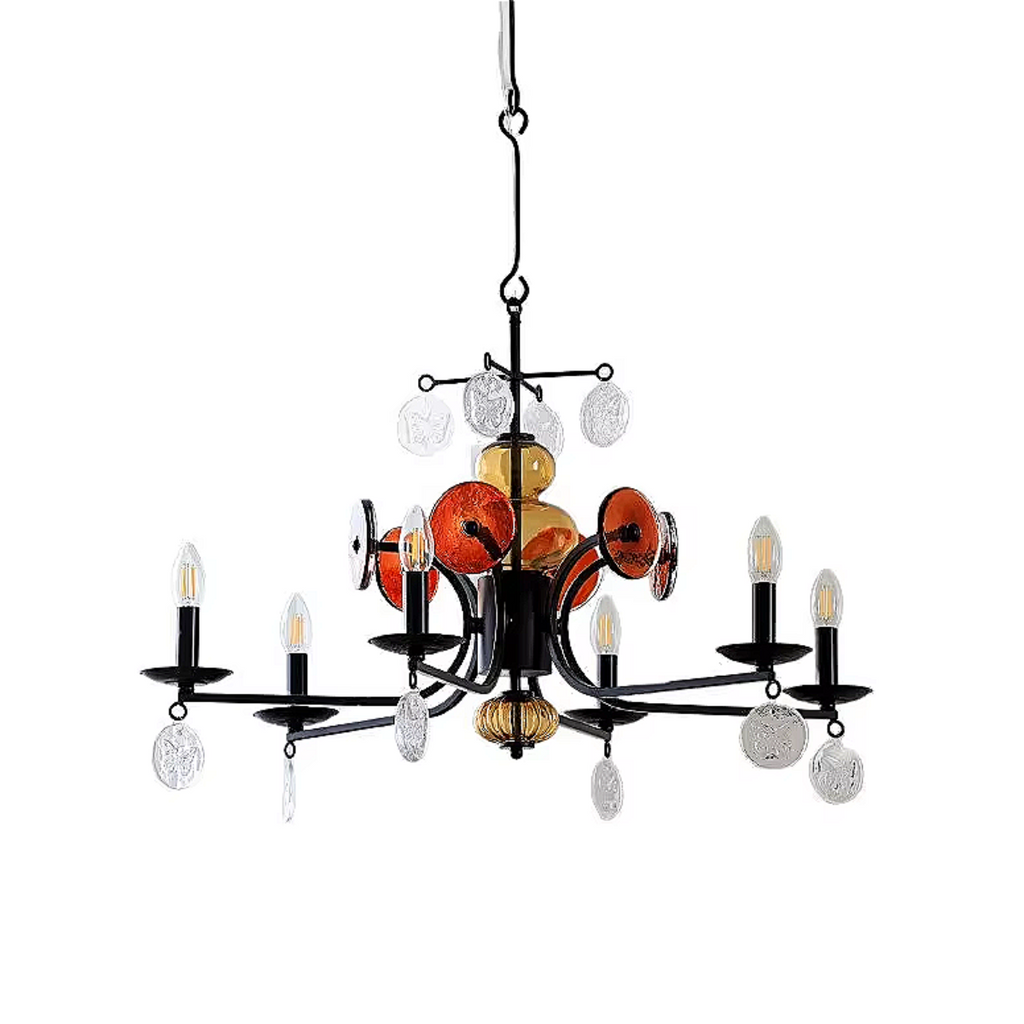 Retro black chandelier with amber glass – sculptural pendant light for modern dining rooms, kitchen islands & boho interiors