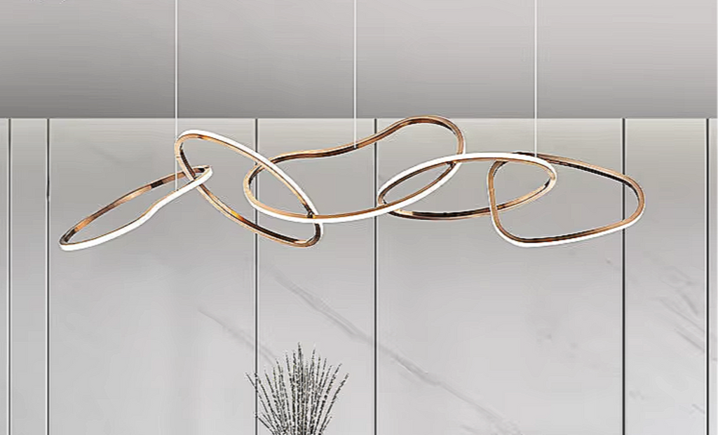 Gold LED Chandelier – Modern 5-Ring Statement Chandelier for Contemporary Dining Room and Kitchen Island